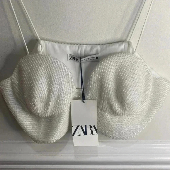 ZARA Oyster White Beaded Crop Top BNWT STUNNING Sz Medium - Picture 3 of 8